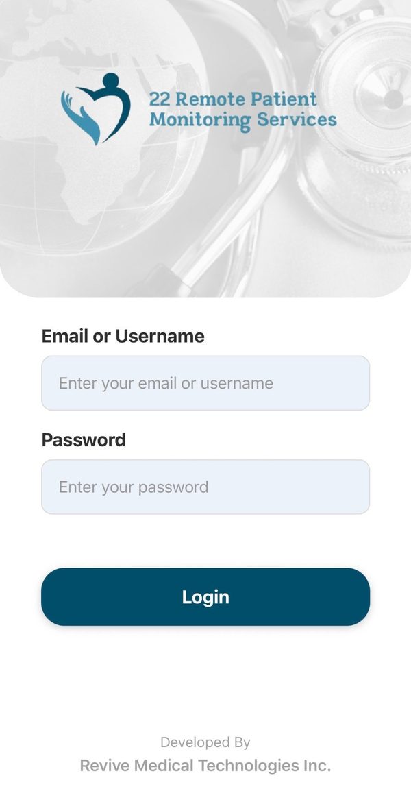 The app login screen, with boxes for username and password above a Login button.