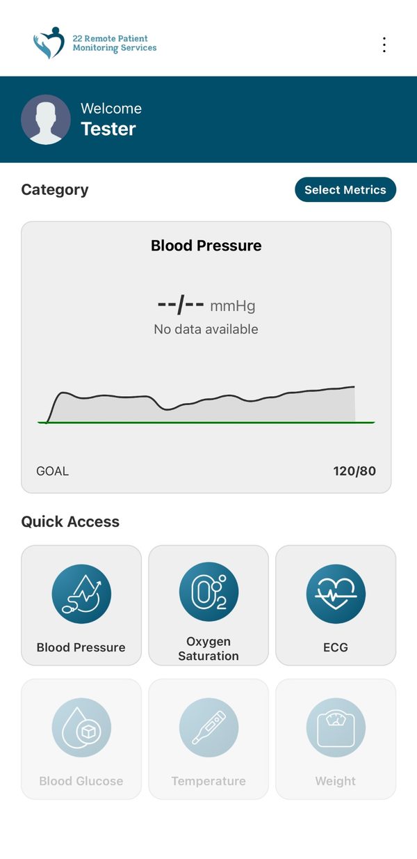 The app home screen, with a Quick Access row at the bottom containing a Blood Pressure button.