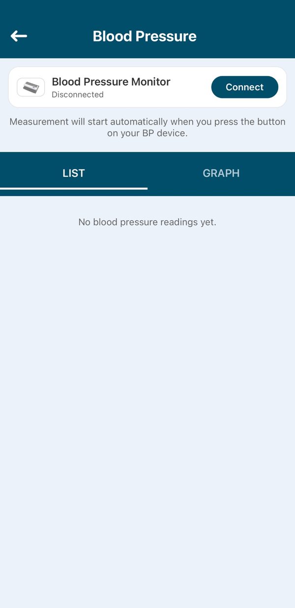 The Blood Pressure screen before connecting, with a Connect button at the top.
