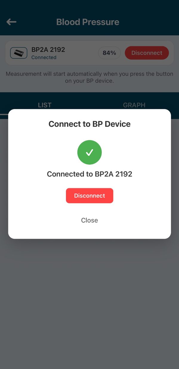 A confirmation reading Connected to BP2A, with a green checkmark.