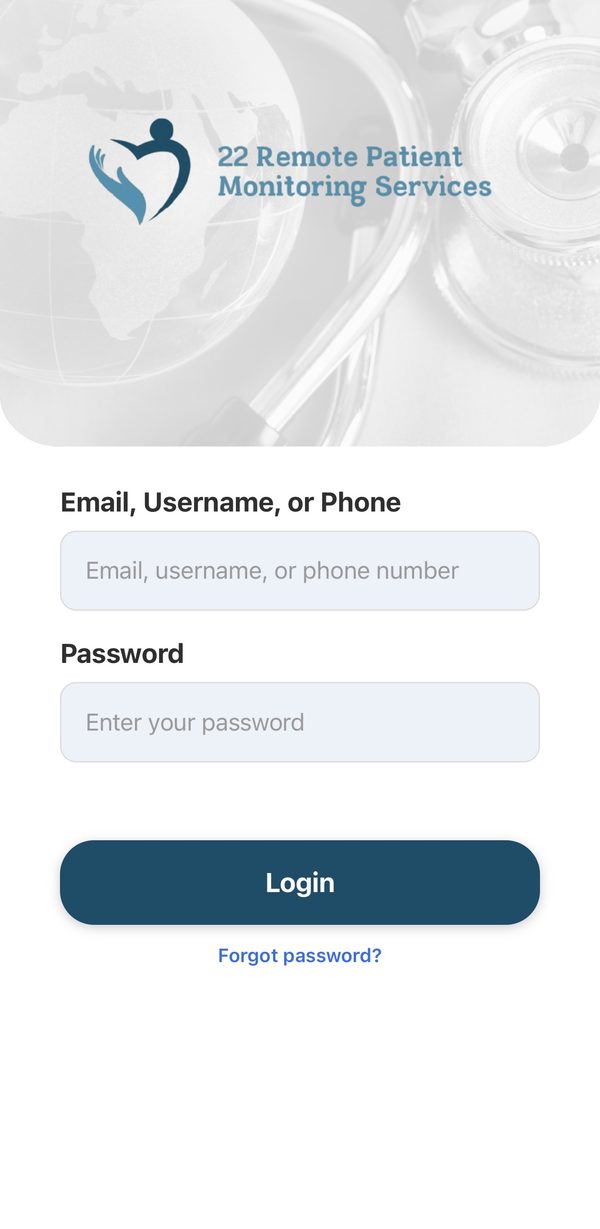 The app login screen, with a box labeled Email, Username, or Phone and a Password box above a Login button, and a Forgot password? link underneath.
