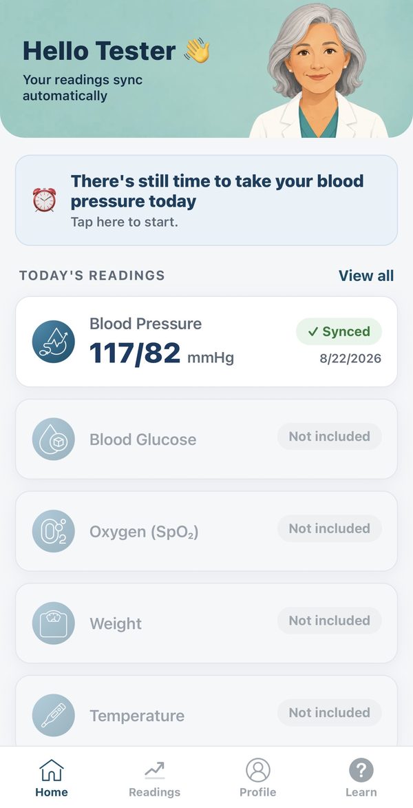 The app home screen. It says Hello and the patient's name, with a reminder to take a blood pressure reading and a Blood Pressure card under Today's Readings.