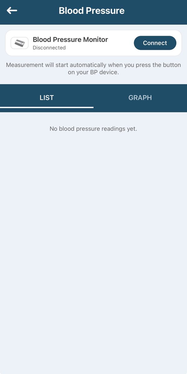 The Blood Pressure screen before connecting. It says Blood Pressure Monitor, Disconnected, with a Connect button.