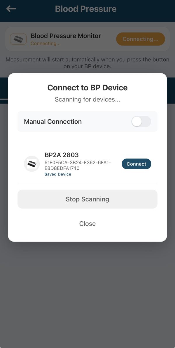 A pop-up titled Connect to BP Device, scanning for devices, listing a monitor named BP2A 2803 with a Connect button.