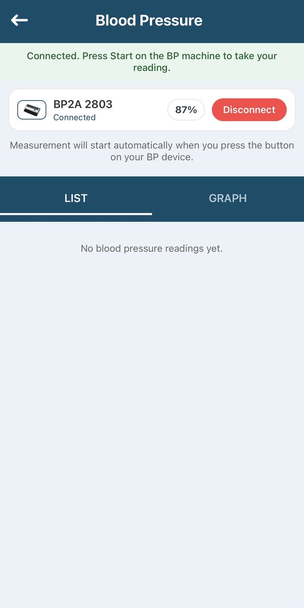 The Blood Pressure screen with a green bar saying Connected. Press Start on the BP machine to take your reading.
