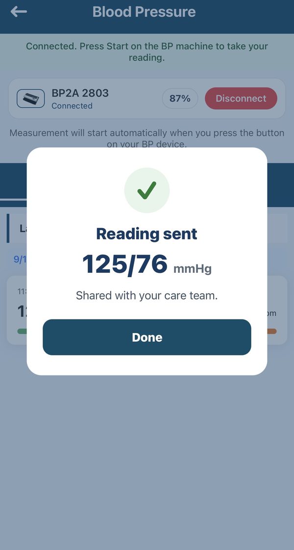 A box with a green check mark saying Reading sent, 125 over 76 mmHg, Shared with your care team, and a Done button.