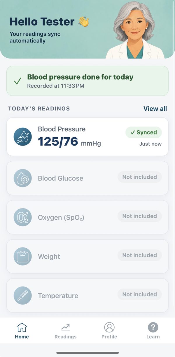 The home screen showing Blood pressure done for today, recorded at 11:33 PM, and a Blood Pressure card with the reading marked Synced.