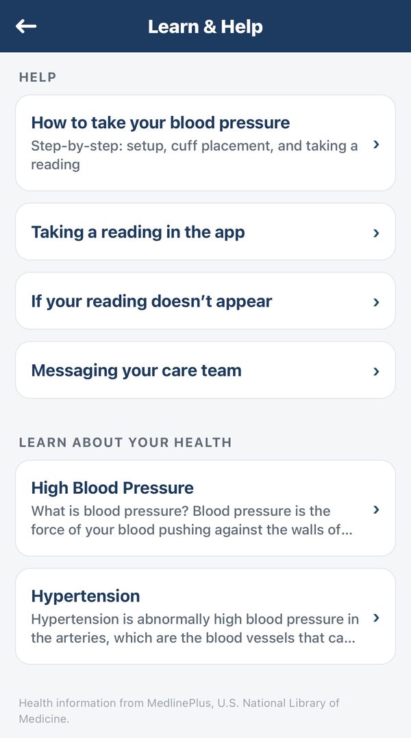 The Learn and Help screen, listing help articles and health information about blood pressure.