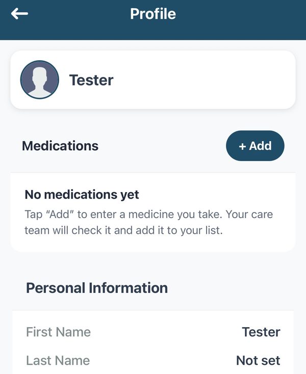 The Profile screen showing the patient's name, a Medications section with an Add button, and personal information.