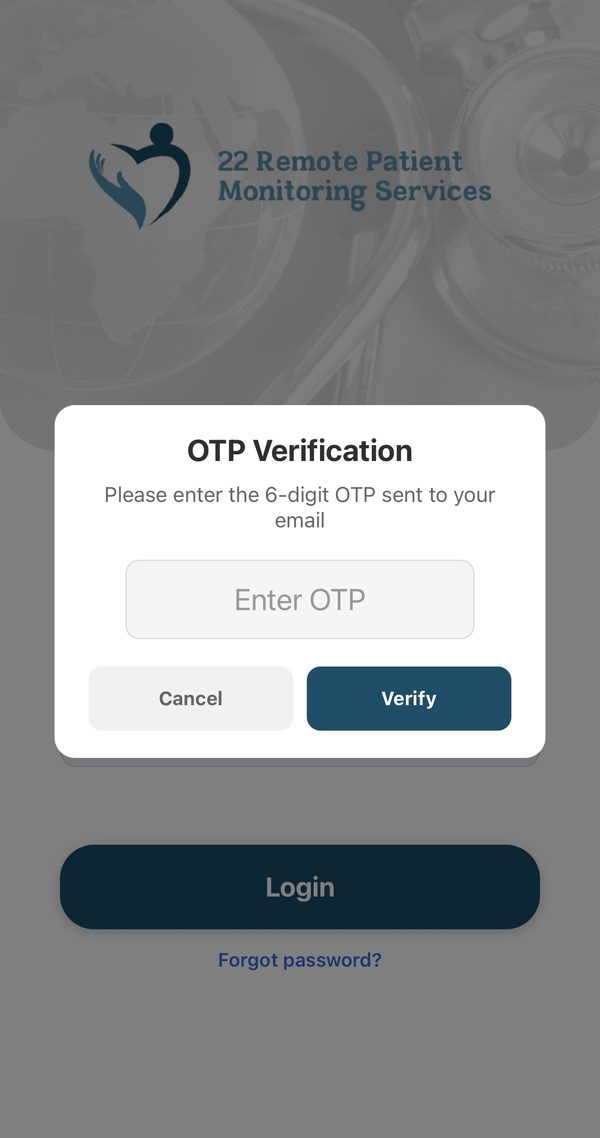 A box titled OTP Verification with one space to type the 6-digit code, and Cancel and Verify buttons.