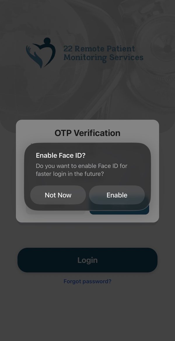 A message asking Enable Face ID? Do you want to enable Face ID for faster login in the future? with Not Now and Enable buttons.